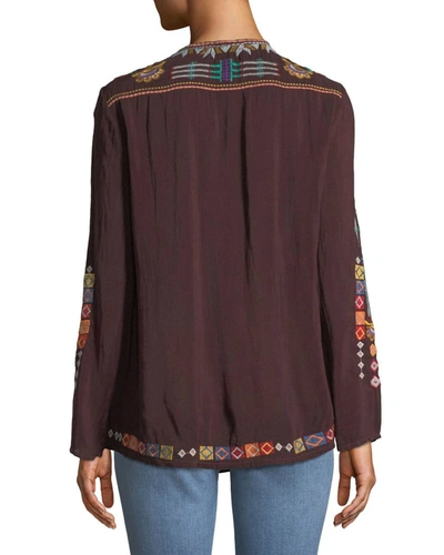 Shop Johnny Was Free Spirit Embroidered Georgette Blouse In Merlot In Red