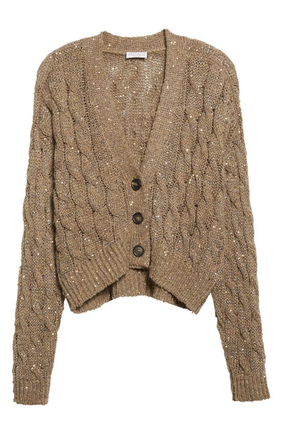 Shop Brunello Cucinelli Sequin Cable Knit Silk & Linen Blend Cardigan In Cbi76-brown
