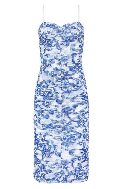 Shop L Agence Caprice Convertible Strapless Ruched Midi Dress In White Mediterranean Blue