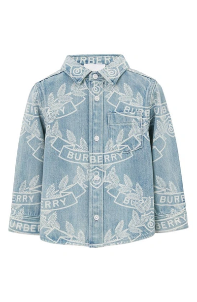 Shop Burberry Kids' Owen Crest Print Denim Button-up Shirt In Pale Blue Ip Pat