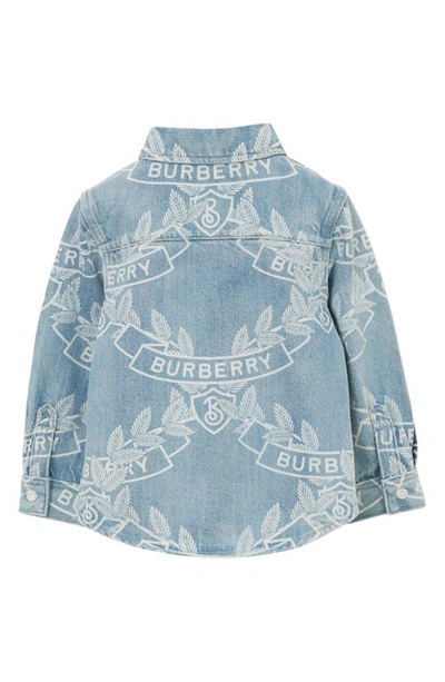 Shop Burberry Kids' Owen Crest Print Denim Button-up Shirt In Pale Blue Ip Pat