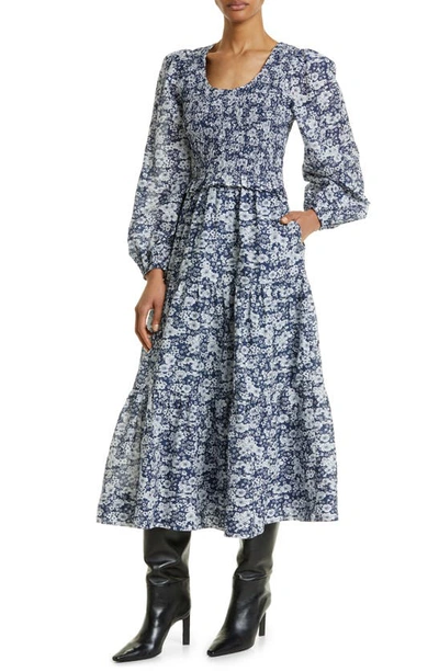 Shop Sea Suzie Smocked Floral Print Long Sleeve Cotton Midi Dress In Blue Multi