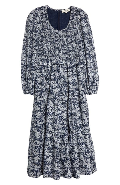 Shop Sea Suzie Smocked Floral Print Long Sleeve Cotton Midi Dress In Blue Multi