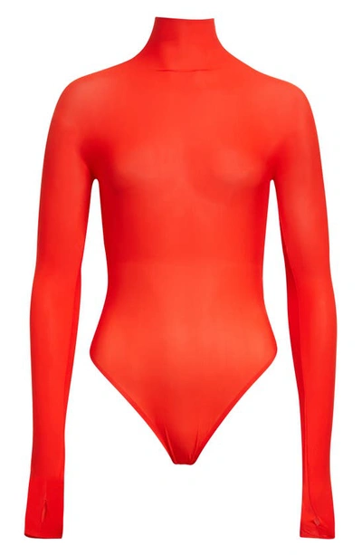 Shop Alaïa Long Sleeve Funnel Neck Jersey Bodysuit In Cerise