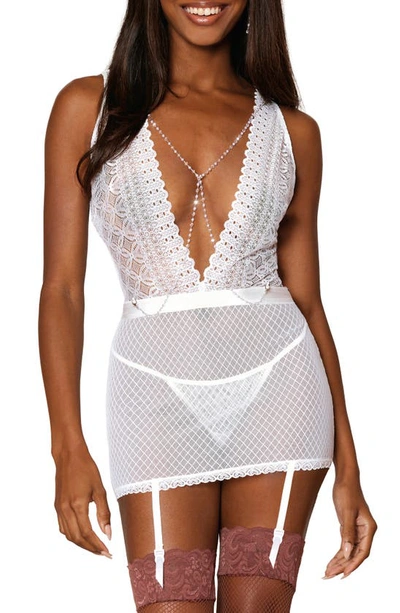 Shop Dreamgirl Plunge Chemise With Attached Garter Straps & G-string Thong In White