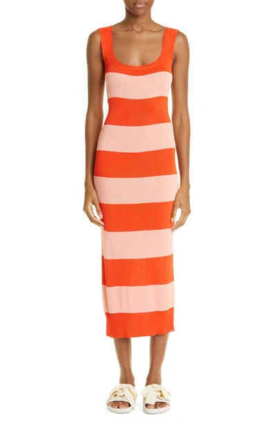Shop Zimmermann Stripe Knit Tank Maxi Dress In Coral/ Shell Pink Rugby Stripe