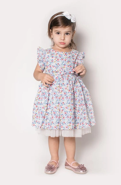 Popatu Kids' Floral Flutter Sleeve Bow Dress In Blue