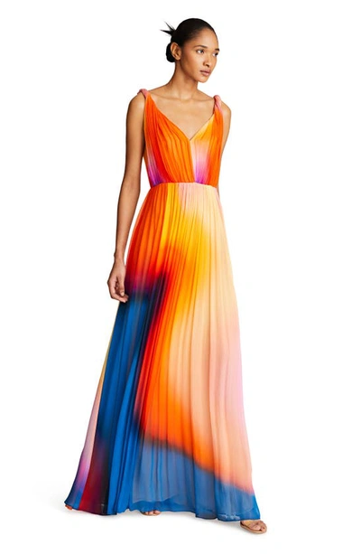Shop Halston Stacia Crinkle Chiffon A-line Gown In Sunset Abstract Color Block