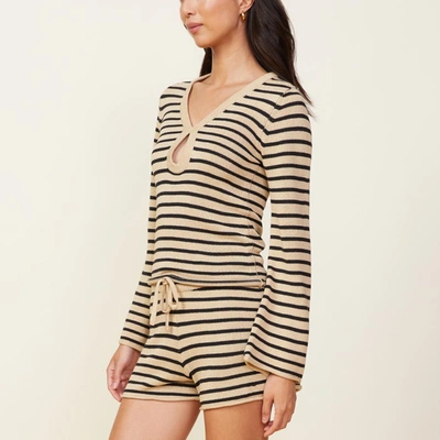 Monrow Linen Sweater Long Sleeve Top In Ecru/blk Stripe