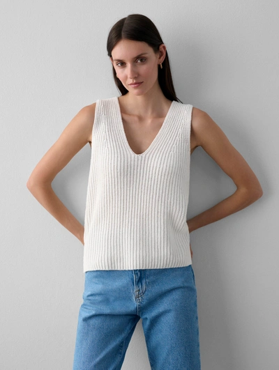 White + Warren Cotton Tape Sleeveless Ribbed V Neck Sweater In