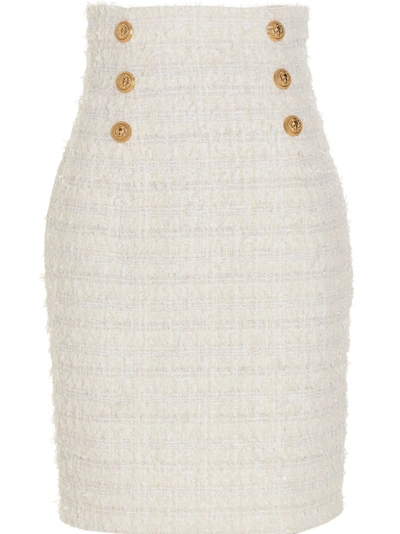 Shop Balmain Logo Button Tweed Skirt In White
