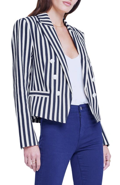 Shop L Agence Brooke Stripe Double Breasted Crop Blazer In Navy/ Ecru Stripe
