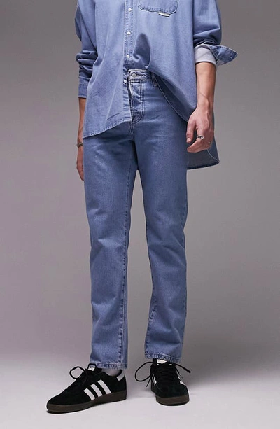 Shop Topman Straight Leg Jeans In Mid Blue