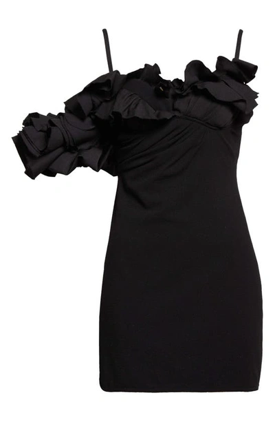 Shop Jacquemus La Robe Duna Asymmetric Ruffle Minidress In 990 Black