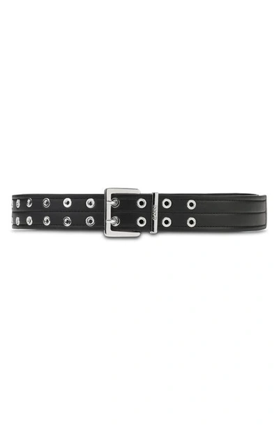 Shop Ganni Double Eyelet Recycled Leather Belt In Black