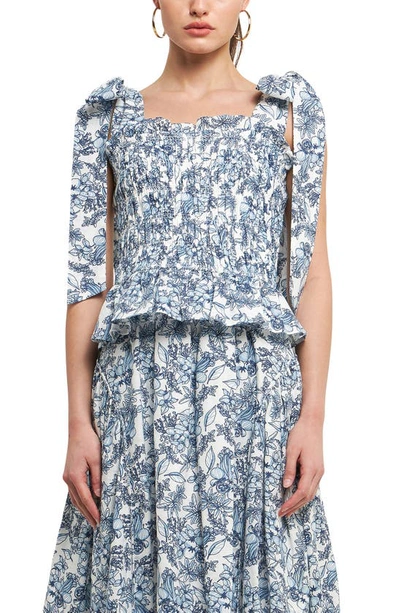Endless Rose Smocked Tie Shoulder Linen Blend Tank In Blue