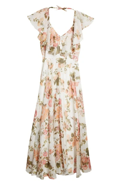 Shop Erdem Theophila Print Ruffle Neck Cotton & Silk Voile Dress In Soft Blossom Coral