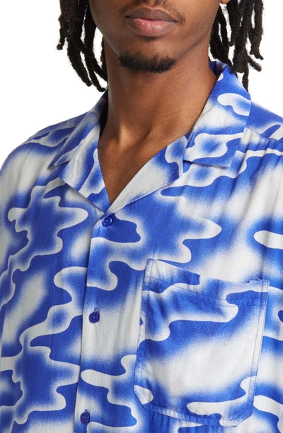 Shop Topman Wave Print Short Sleeve Button-up Shirt In Mid Blue