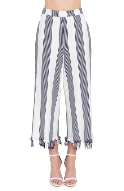 Shop English Factory Stripe Fringe Hem Wide Leg Crop Pants In Night Sky