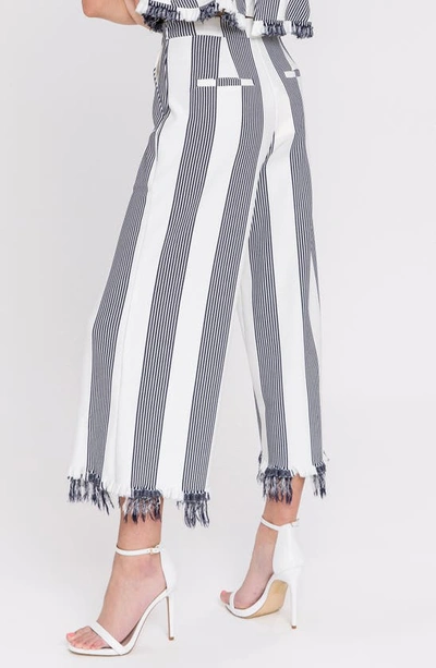 Shop English Factory Stripe Fringe Hem Wide Leg Crop Pants In Night Sky