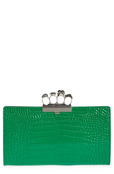 Shop Alexander Mcqueen Jewelled Four-ring Croc Embossed Patent Leather Clutch In 3510 Bright Green