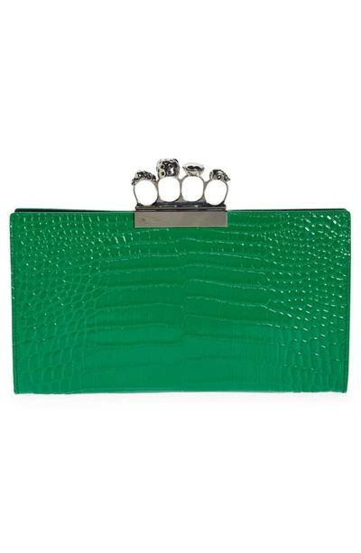 Shop Alexander Mcqueen Jewelled Four-ring Croc Embossed Patent Leather Clutch In 3510 Bright Green