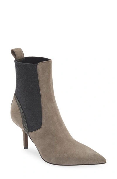 Brunello Cucinelli Bead-embellished Suede And Stretch-knit Ankle Boots In C8212 Dark Grey