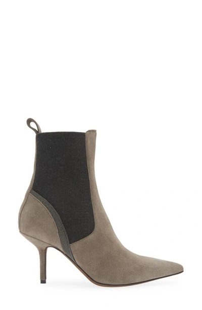Brunello Cucinelli Bead-embellished Suede And Stretch-knit Ankle Boots In C8212 Dark Grey