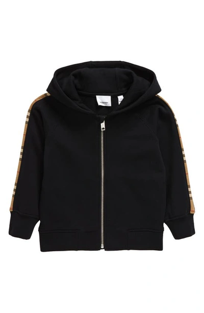 Shop Burberry Kids' Timmy Check Trim Cotton Zip Hoodie In Black