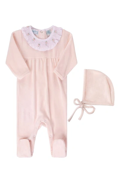 Feltman Brothers Smocked Collar Velour Footie & Bonnet Set In Pink