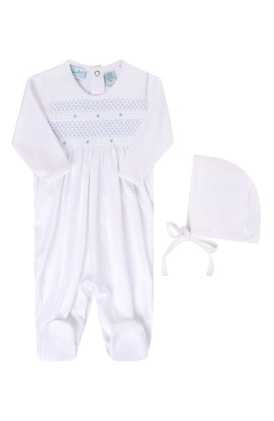 Shop Feltman Brothers Smocked Cotton Footie & Bonnet Set In Blue