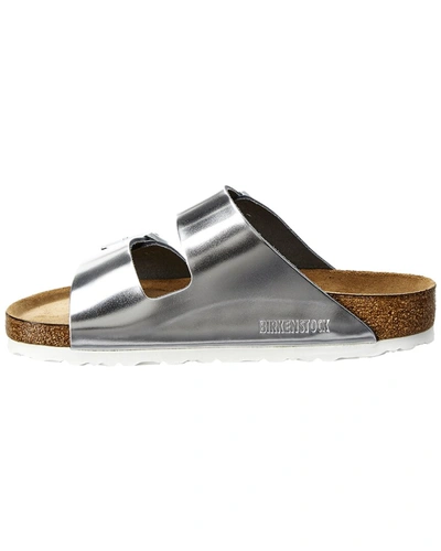 Birkenstock Arizona Soft Footbed Natural Leather Slide In Metallic Silver