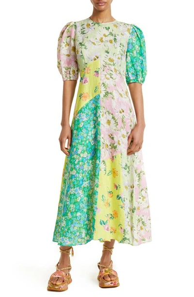 Shop Alemais Kenzie Floral Patchwork Linen Midi Dress In Green Multi