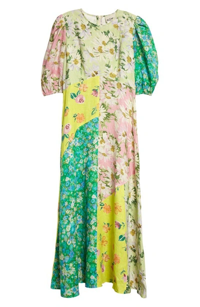 Shop Alemais Kenzie Floral Patchwork Linen Midi Dress In Green Multi