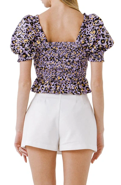 Endless Rose Animal Print Puff Sleeve Smocked Top In Purple Multi
