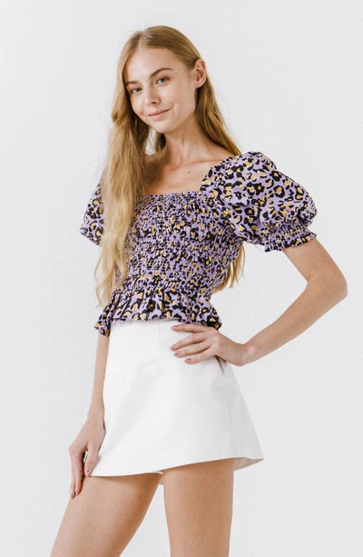 Endless Rose Animal Print Puff Sleeve Smocked Top In Purple Multi