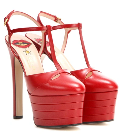 Shop Gucci Leather Platform Pumps In Hiliscus Red