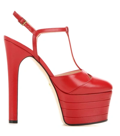 Shop Gucci Leather Platform Pumps In Hiliscus Red