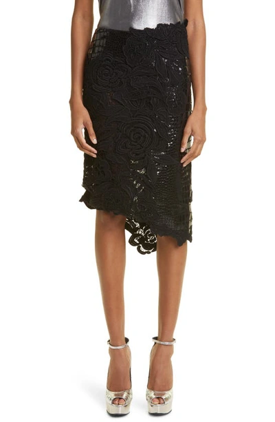 Shop Tom Ford Asymmetric Guipure Lace & Croc Embossed Leather Skirt In Black