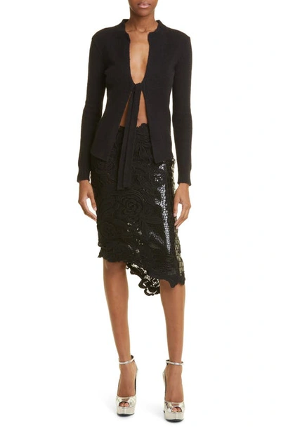 Shop Tom Ford Asymmetric Guipure Lace & Croc Embossed Leather Skirt In Black