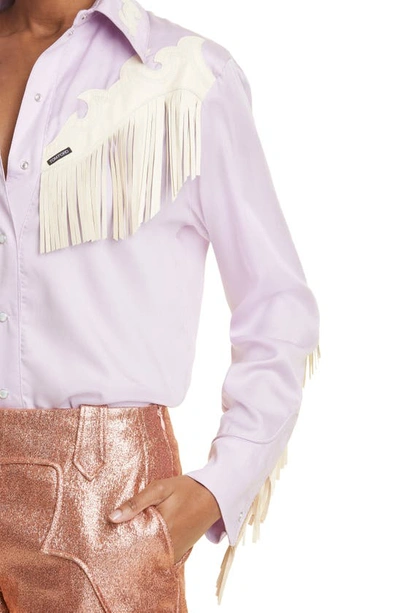 Shop Tom Ford Leather Fringe Western Shirt In Lilac/ Chalk