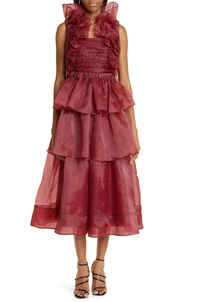 Shop Aje Asra Ruffle Detail Tiered Dress In Mahogany Red