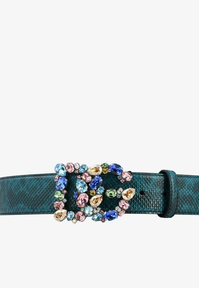 Dolce & Gabbana Dg Crystal Belt In Python-print Leather In Blue