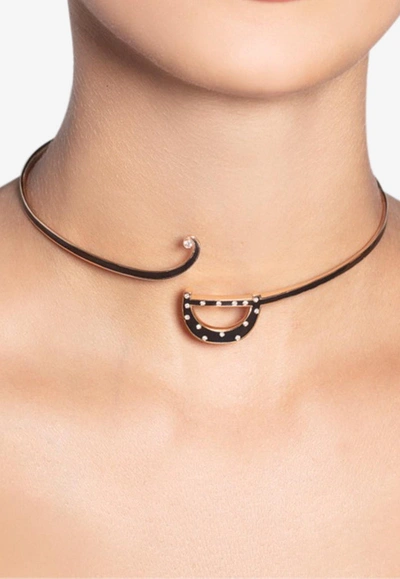 Djihan D Shaped Diamond Paved Choker In 18-karat Rose Gold In Black