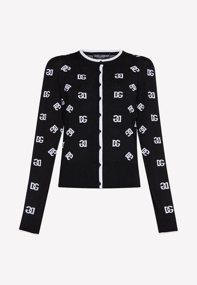 Dolce & Gabbana Intarsia Logo Virgin Wool Cardigan In Monochrome