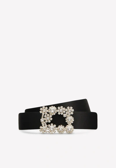 Shop Roger Vivier Floral Crystal Buckle Belt In Satin In Black