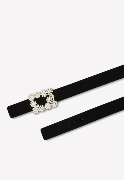 Roger Vivier Floral Crystal Buckle Belt In Satin In Black