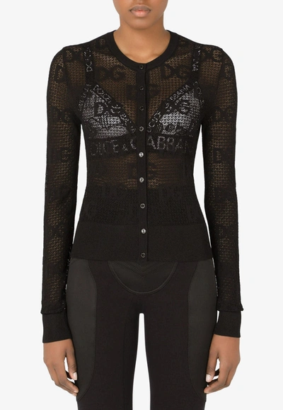 Shop Dolce & Gabbana Dg Logo Jacquard Lace Cardigan In Black