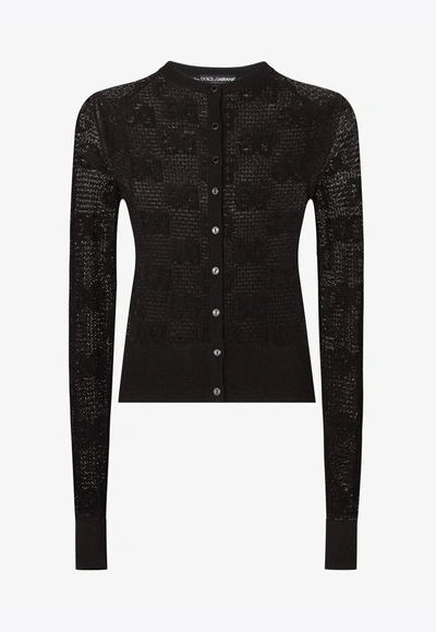 Shop Dolce & Gabbana Dg Logo Jacquard Lace Cardigan In Black