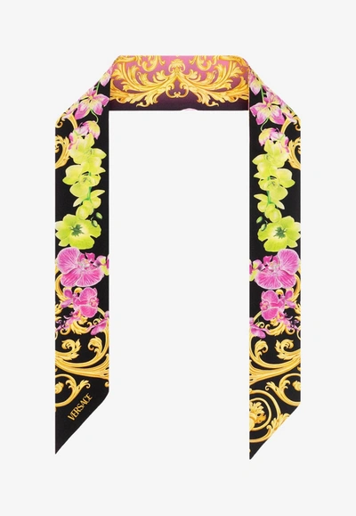 Shop Versace Floral Print Silk Scarf In Multicolor